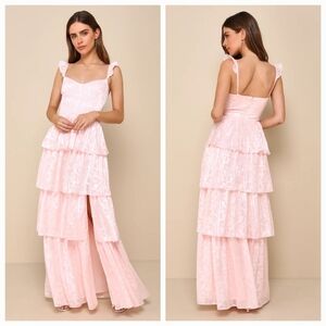 Lulus Dress Women M Light Pink Floral Jacquard Tiered Maxi Stunning Glory Gown